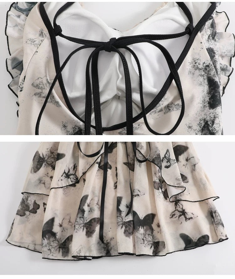 Korean Style Ins Butterfly Print Layered One-Piece Swimsuit with Back Tie Straps